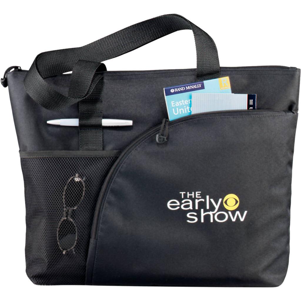 Excel Sport Zippered Business Tote with ID Window Embroidery - Black - Front