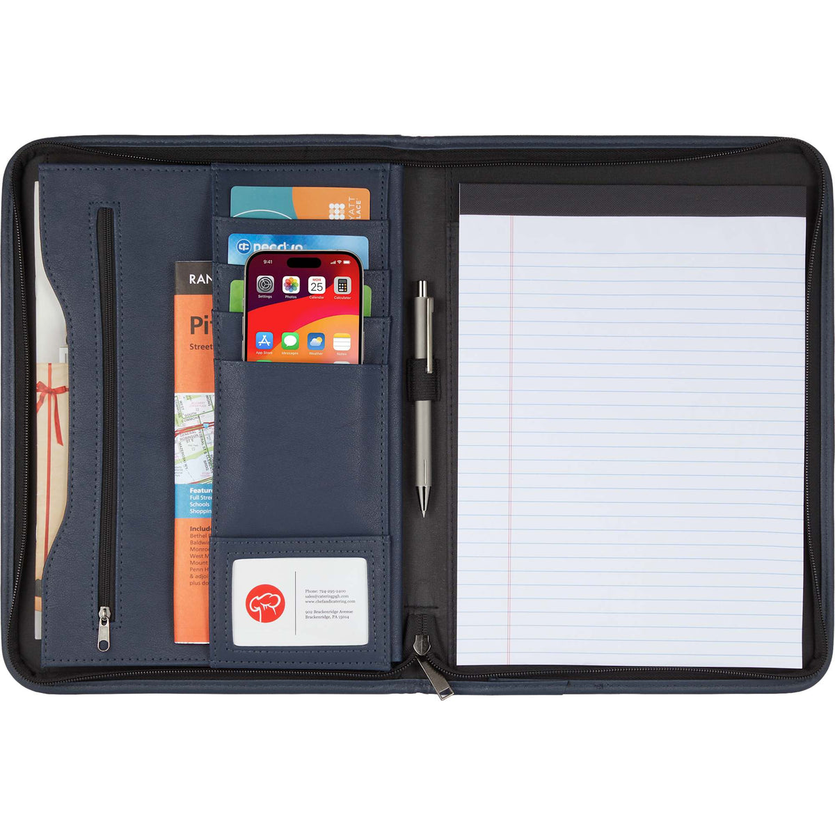 Executive Zippered Padfolio in Recycled Leather - Blue - Front 3