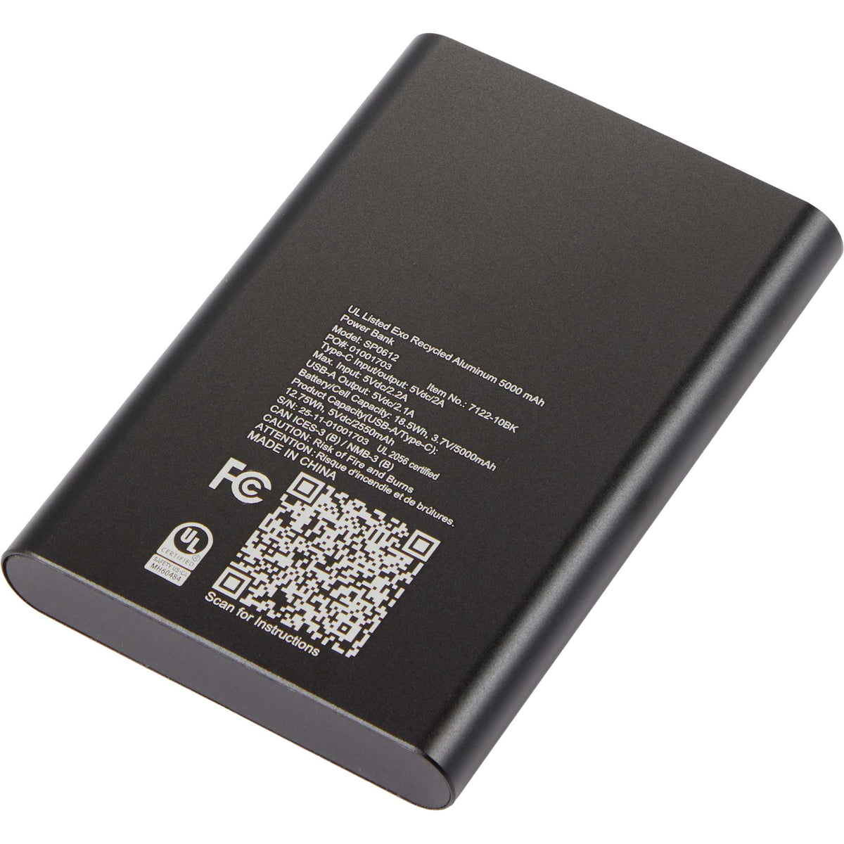 Exo Power Bank in Recycled Aluminum, 5,000 mAh Full Color - Black - Back