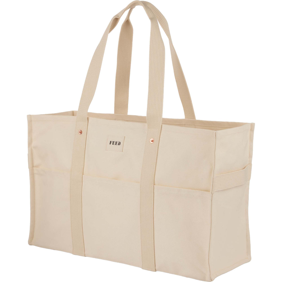 FEED Large Organic Market Tote with Three Pockets Transfer - Natural - Left Angle