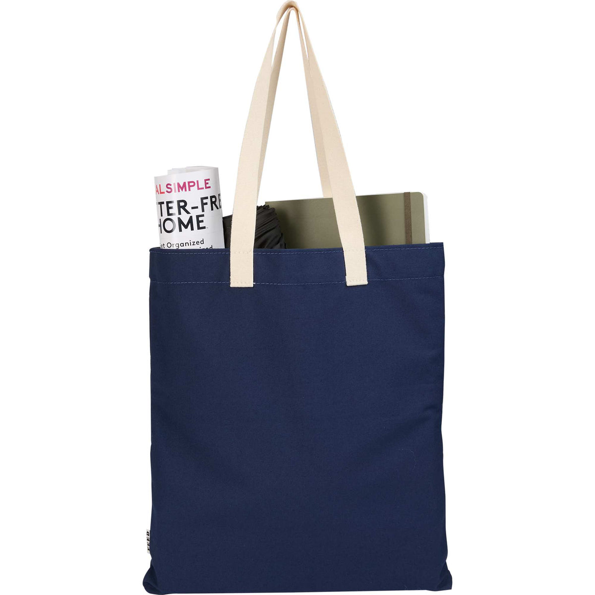FEED Organic Convention Tote with Pen Loop Transfer - Navy - Propped 2
