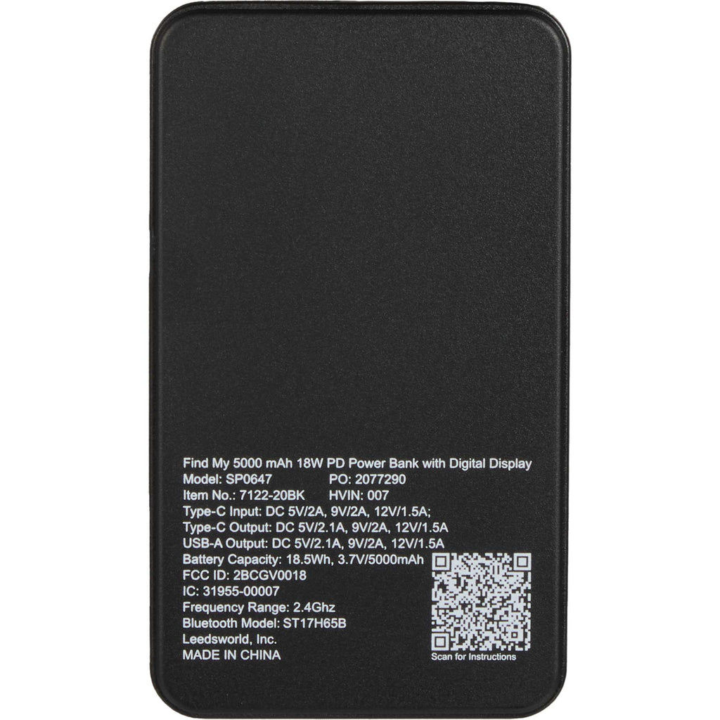 Find My Compatible Power Bank with Digital Display, 5,000 mAh Full Color - Black - Back