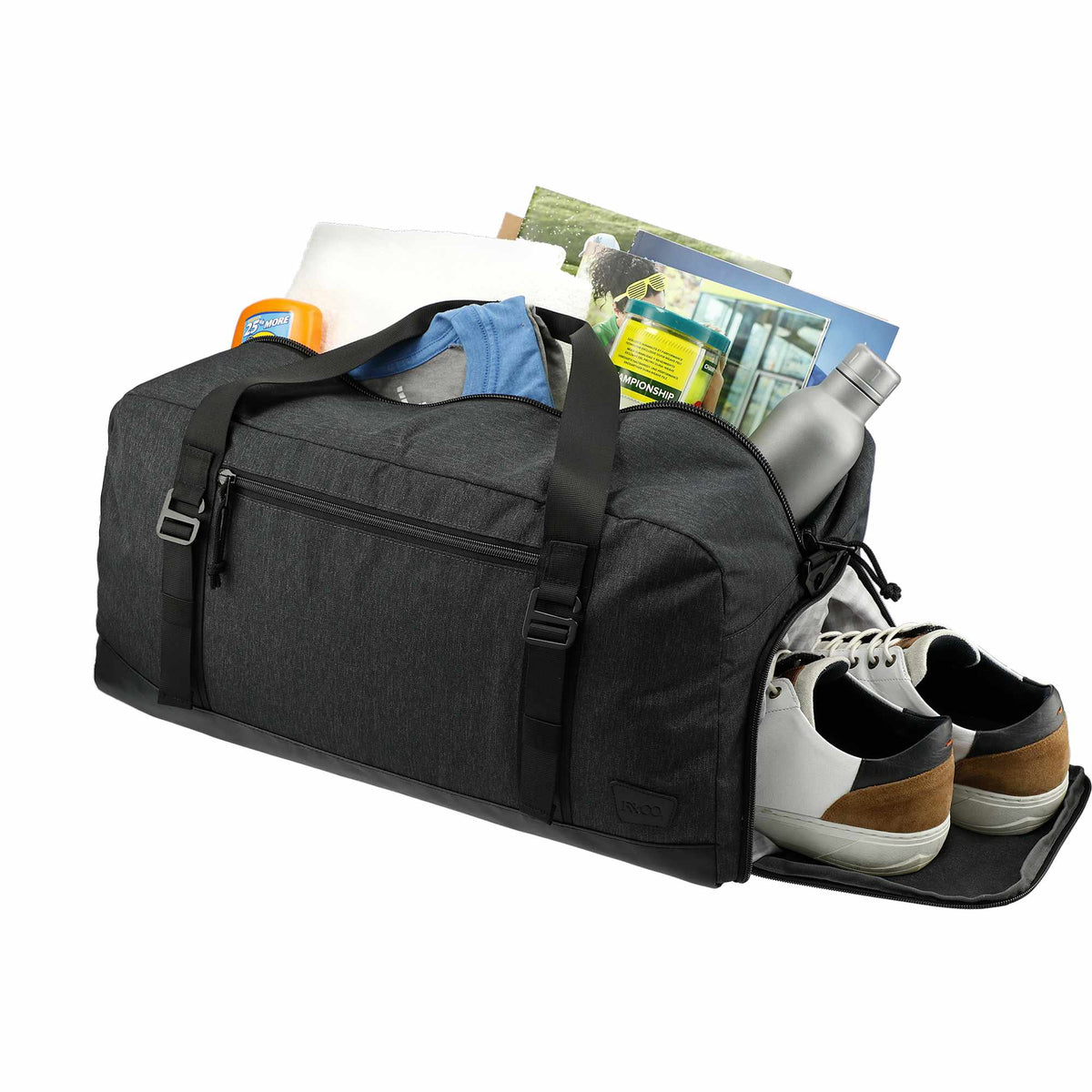 Fireside Duffel Bag in Recycled Polyester with Sherpa Strap Transfer - Charcoal - Left Angle