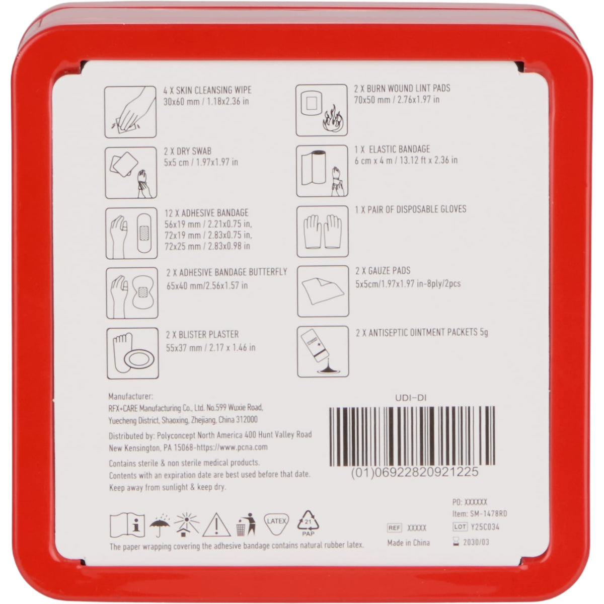 First Aid Kit in a Reusable Tin, 30 Pieces Full Color - RED - Back