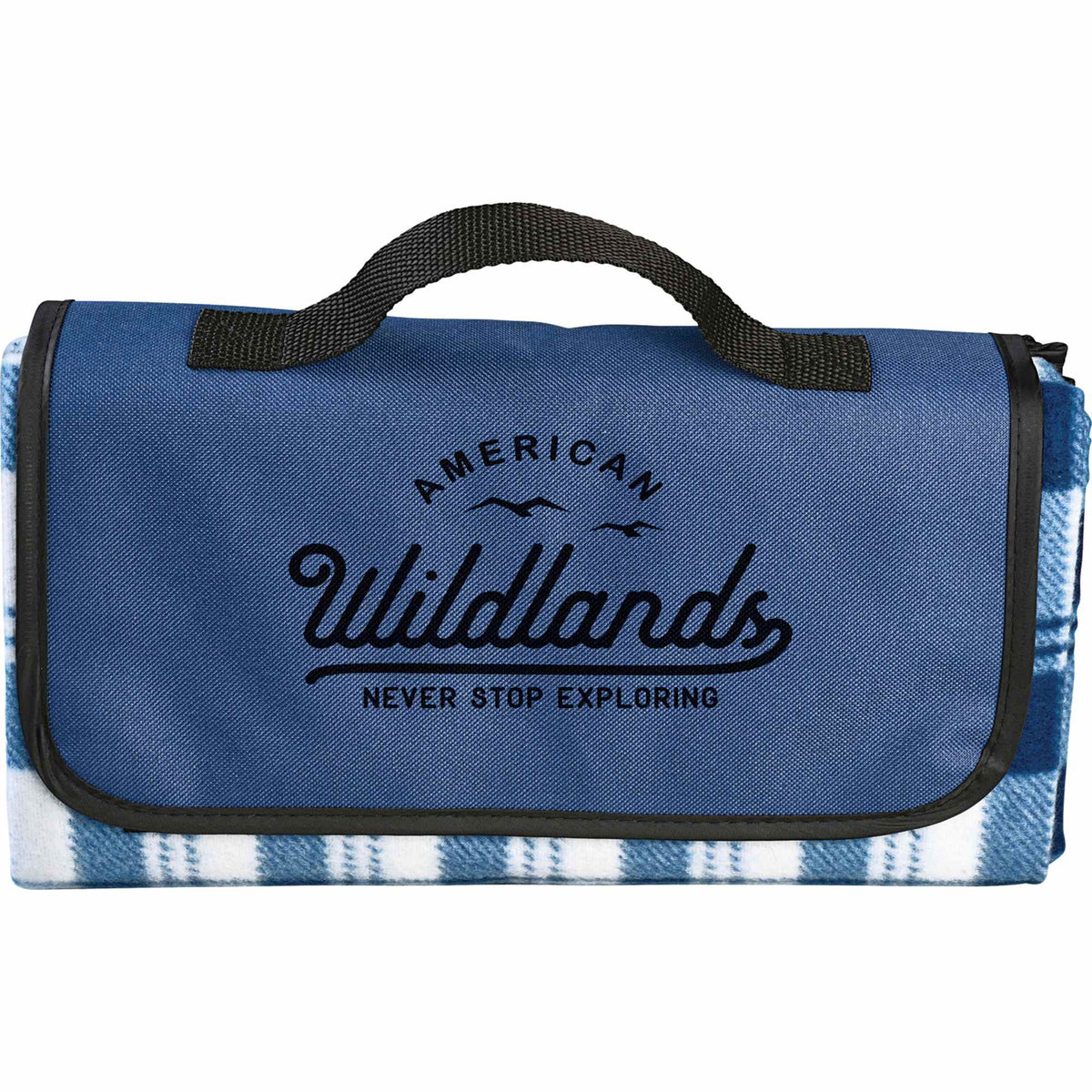 Fold Up Fleece Picnic Blanket with Carry Handle, 47 x 52 Inches Full Color - Navy - Front