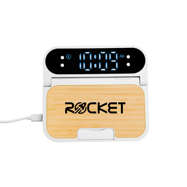 Folding Bamboo Charger with Digital Clock, 15W