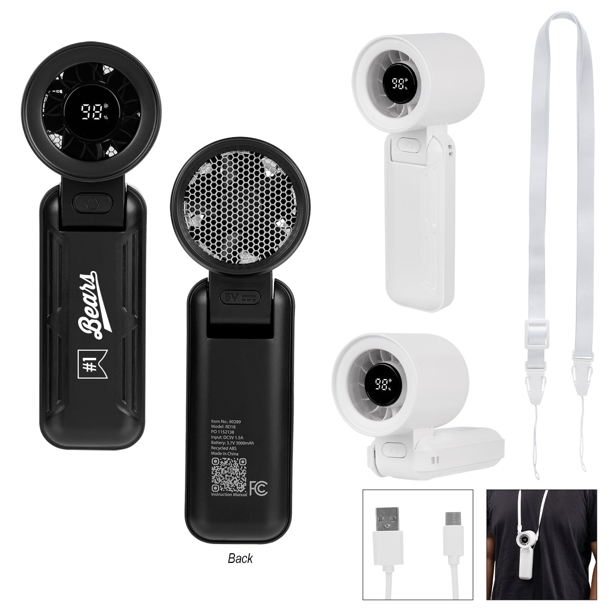 Folding Fan with Digital Display - White