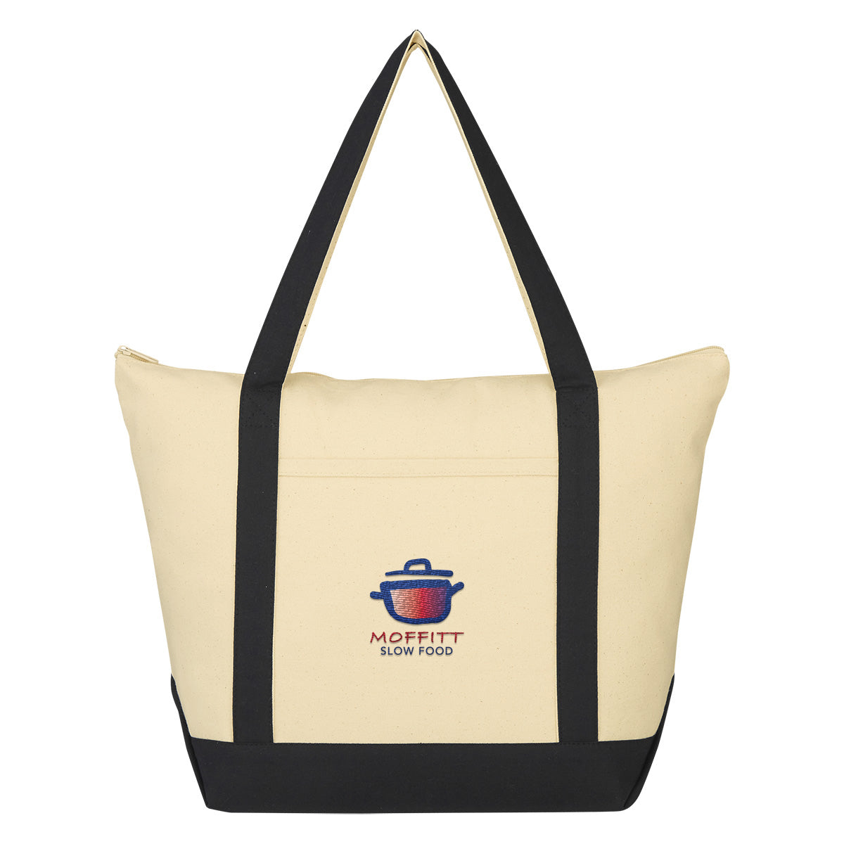 Folksy Cotton Tote Bag, 12 oz - Natural with Black - Embroidery