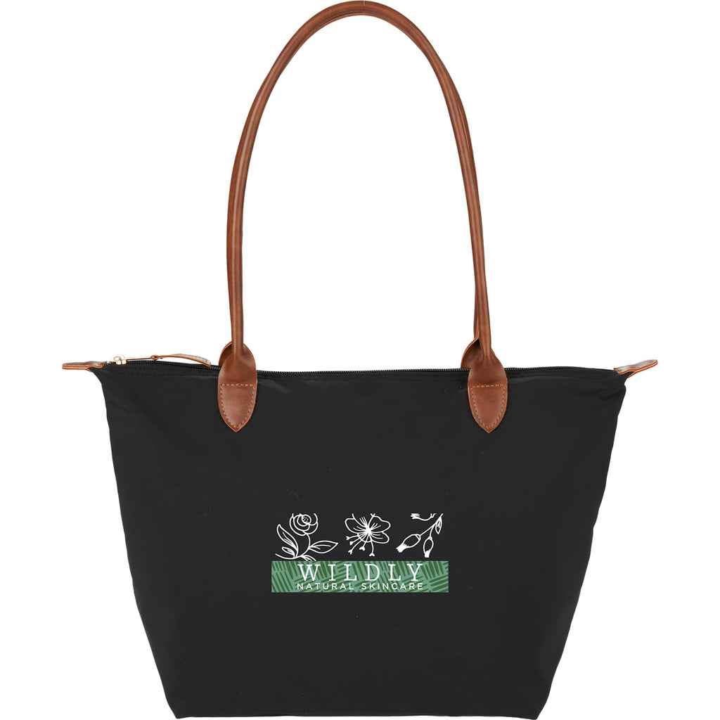 Fontaine Tote in Recycled Fabric with Faux Leather Trim Embroidery - Black - Front