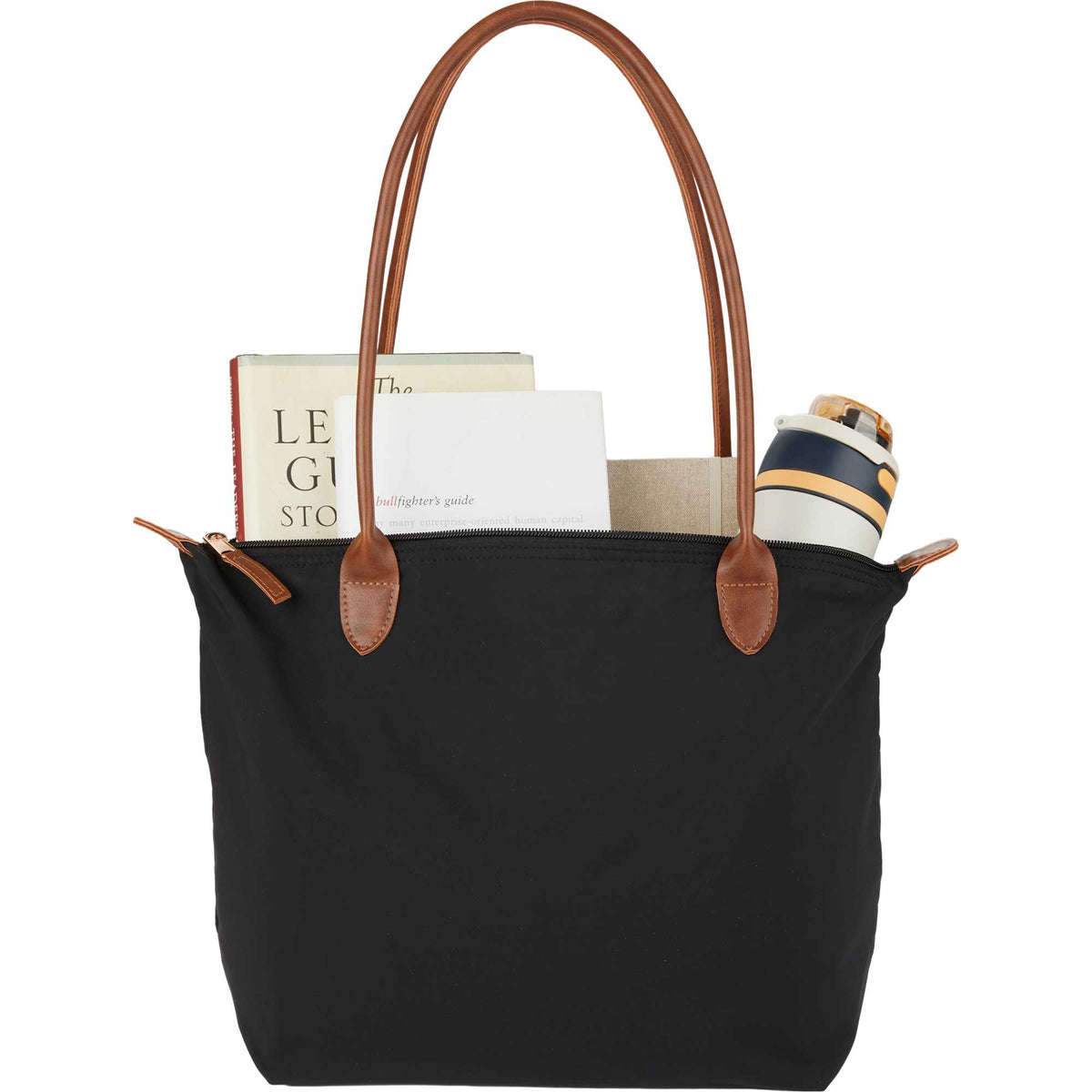 Fontaine Tote in Recycled Fabric with Faux Leather Trim Embroidery - Black - Propped