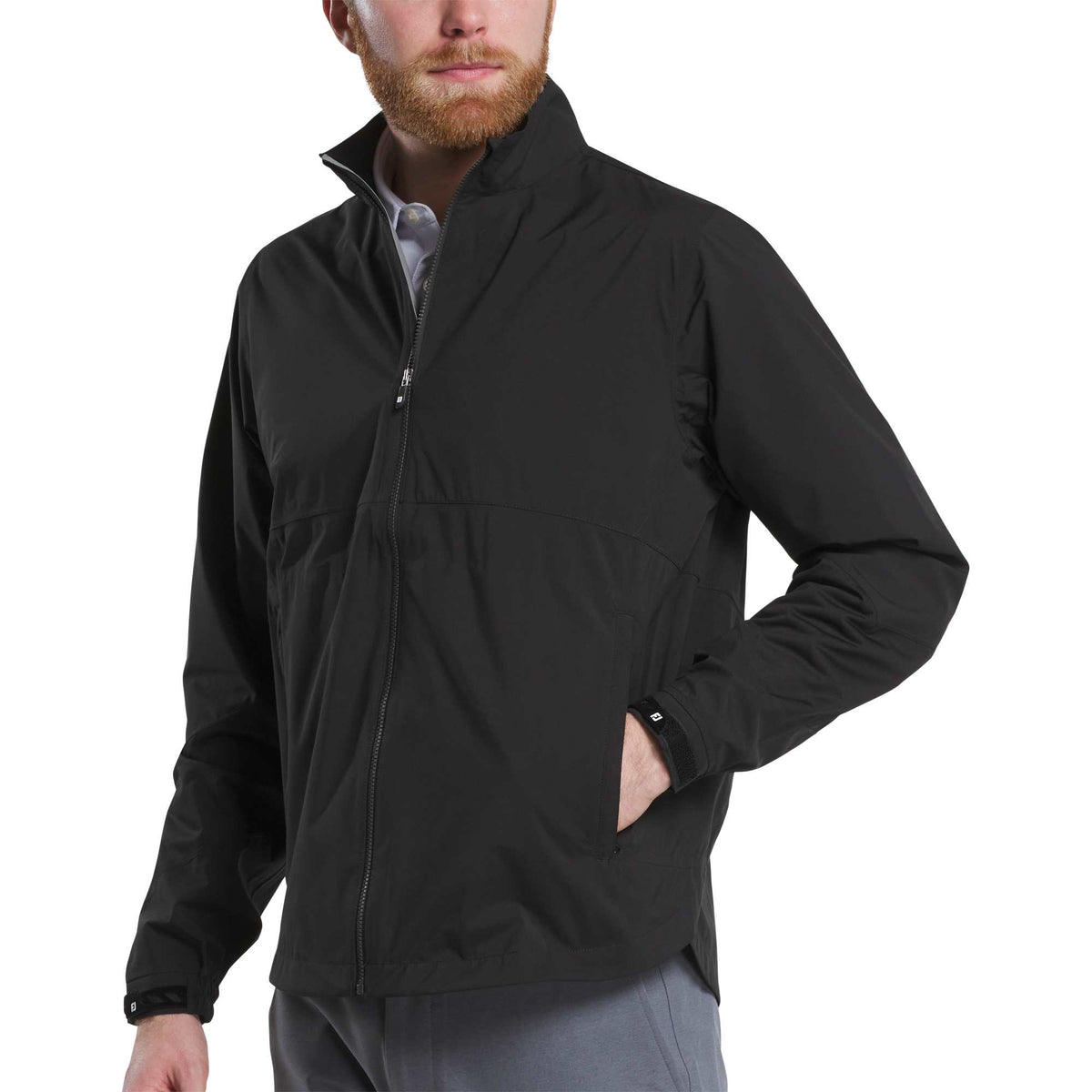 FootJoy HydroLite X Packable Golf Rain Jacket for Men Embroidery - Black - Left Angle On Model