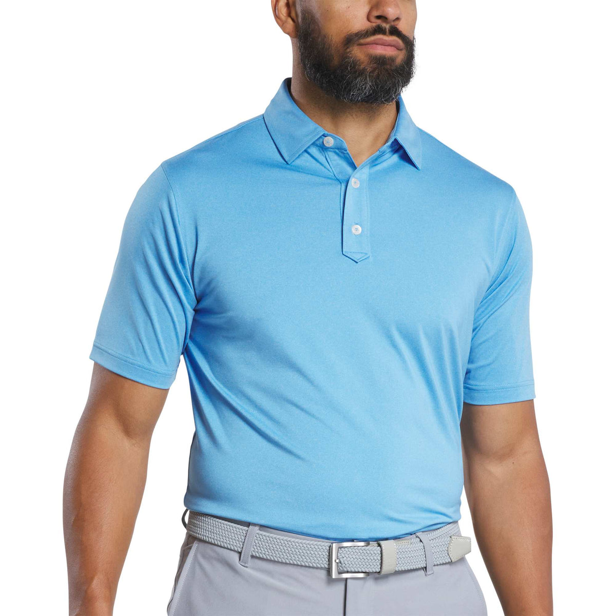 FootJoy Solid Lisle Performance Golf Polo for Men Transfer - Aspen Blue Heather - Front On Model