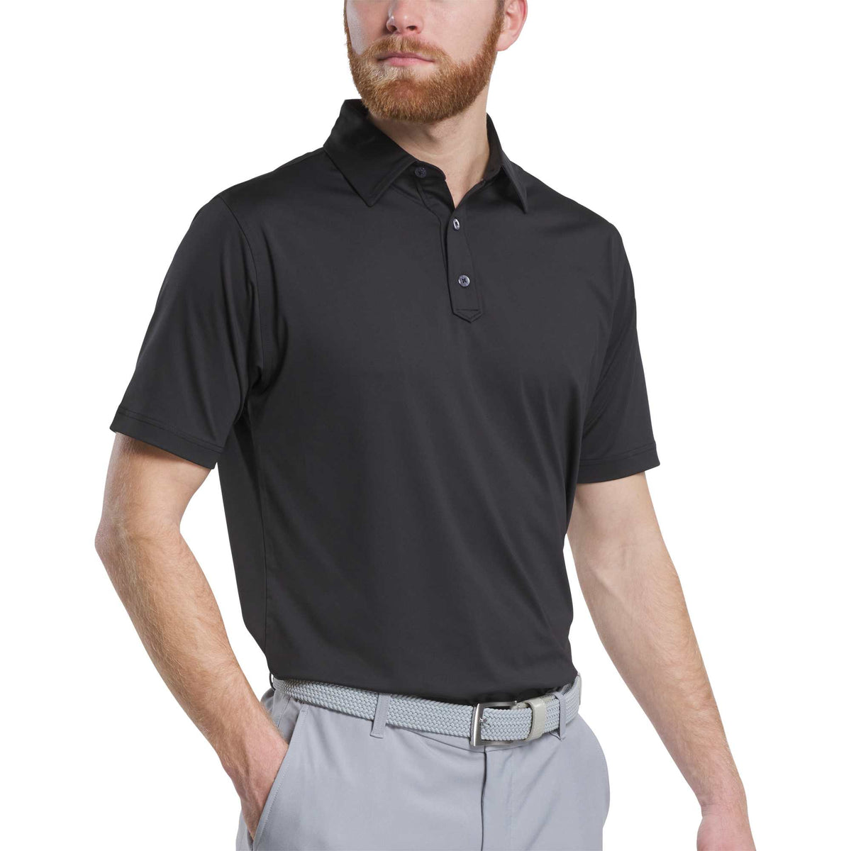 FootJoy Solid Lisle Performance Golf Polo for Men Transfer - Black - Front On Model 2