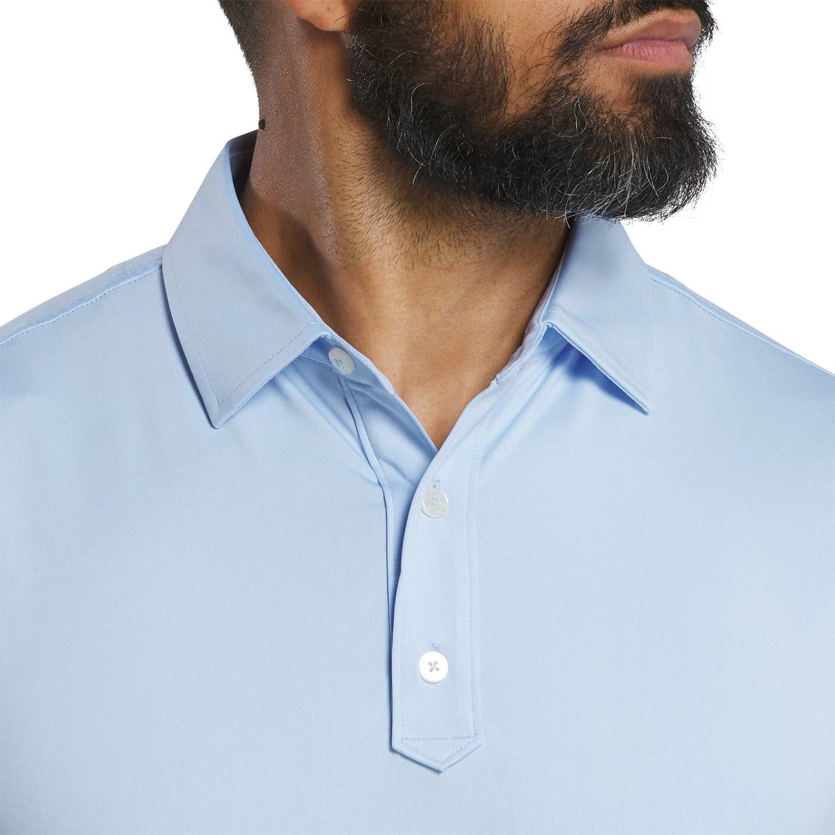 FootJoy Solid Lisle Performance Golf Polo for Men Transfer - Sky - Detail On Model
