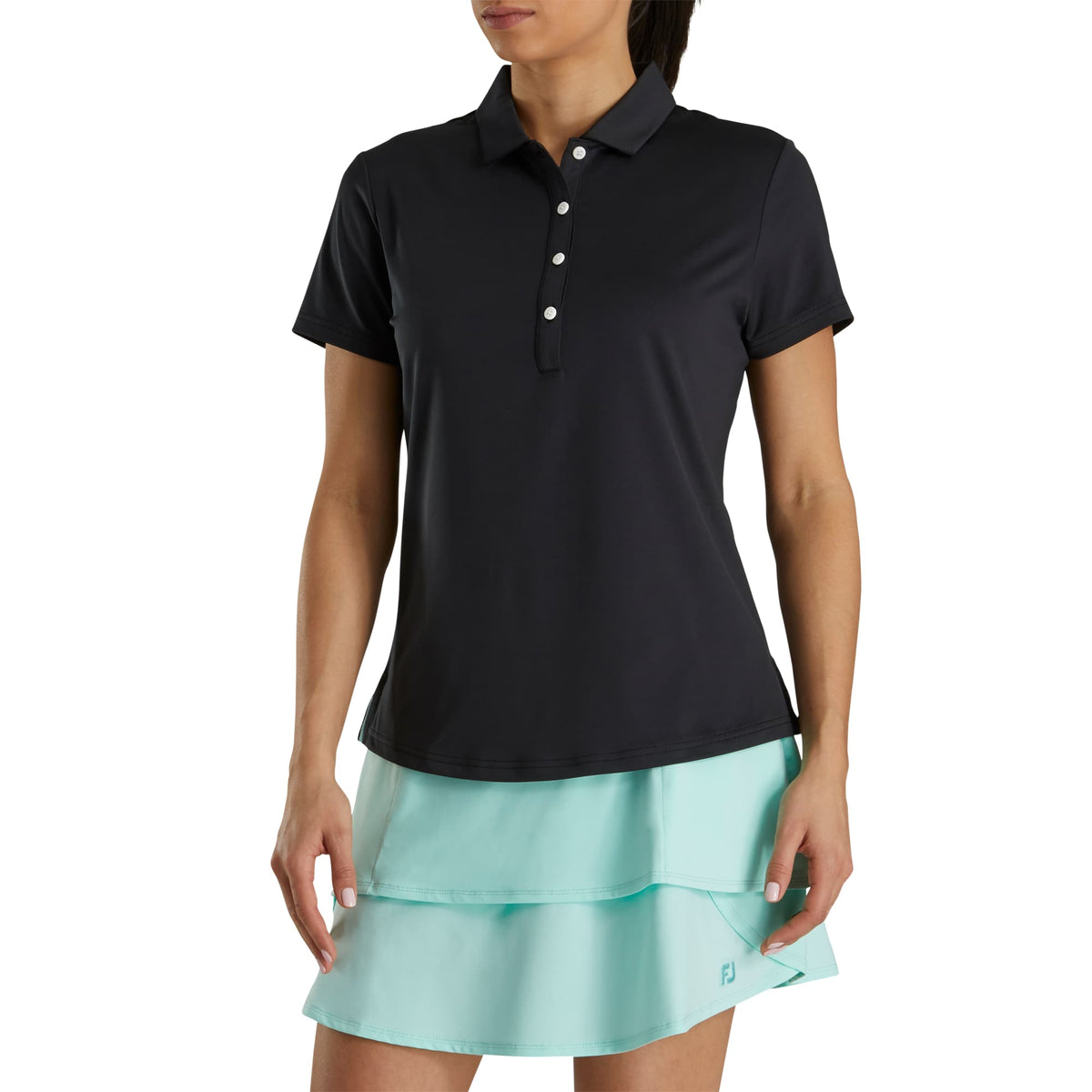 FootJoy Solid Lisle Performance Golf Polo for Women Transfer - Black - Front On Model 2