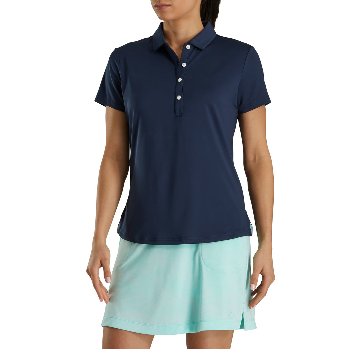 FootJoy Solid Lisle Performance Golf Polo for Women Transfer - Navy - Front On Model 2
