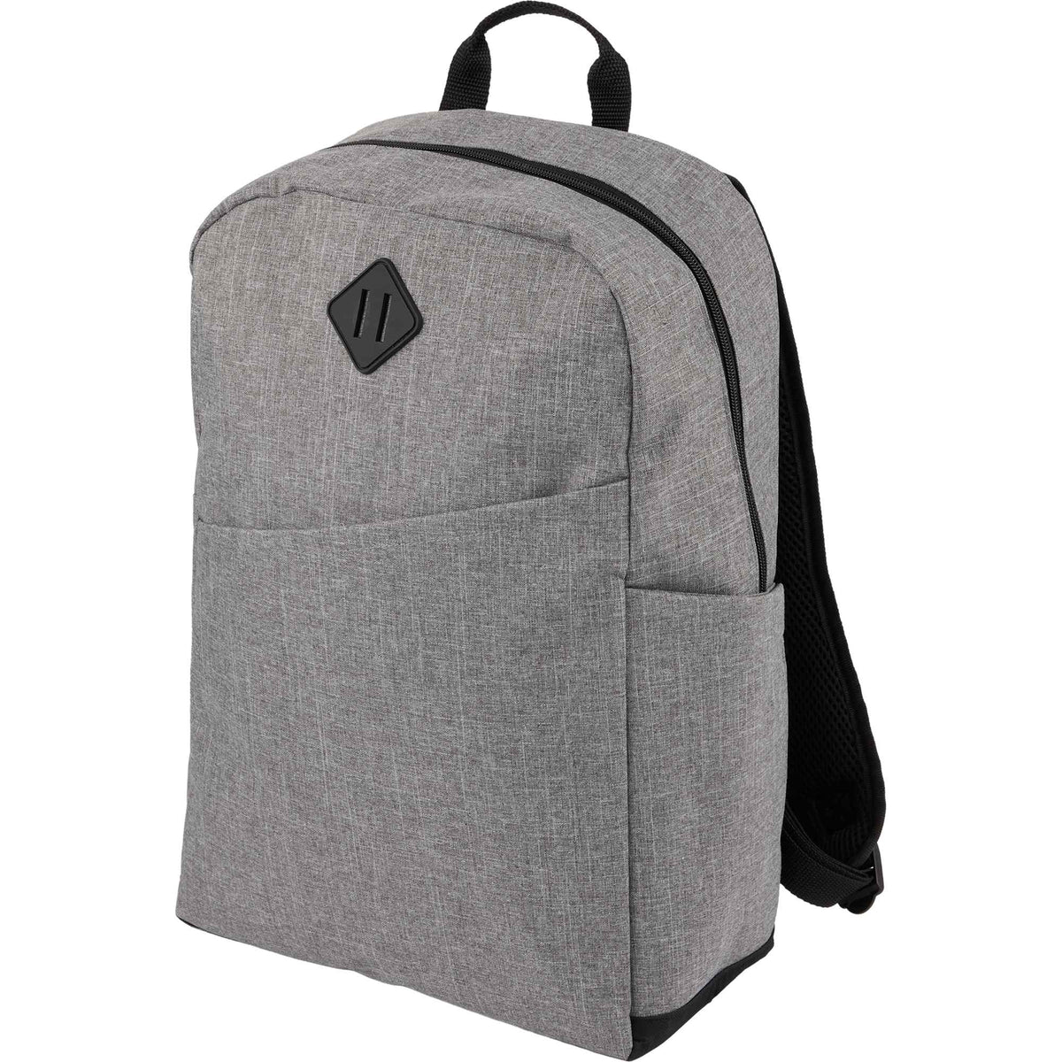 Forrest Heathered Laptop Backpack in Recycled PET, 15 Inch Embroidery - Gray - Left Angle