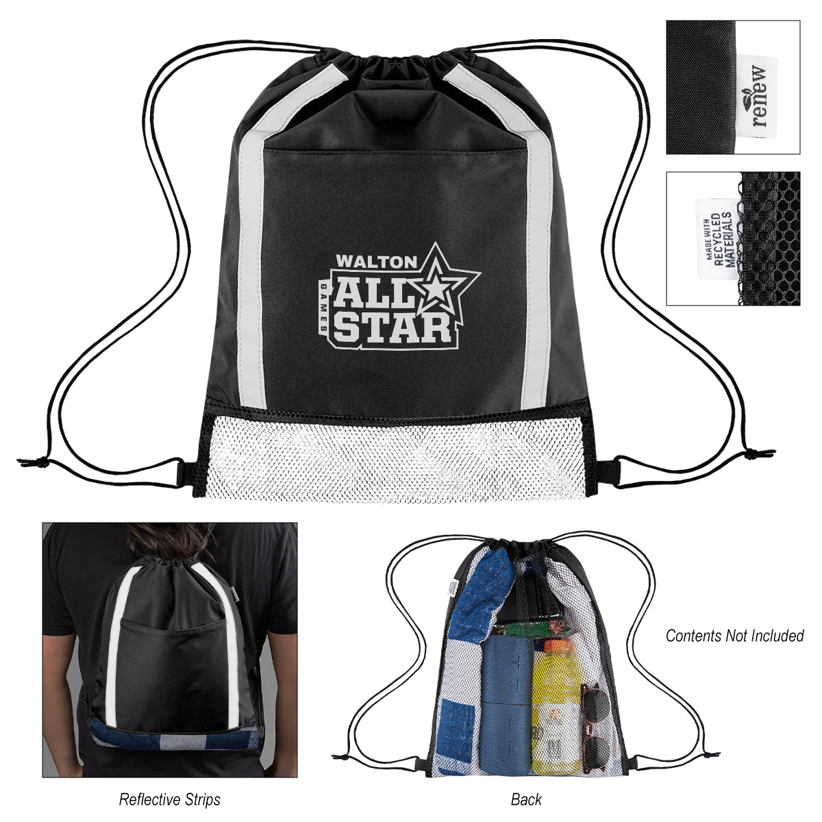 Game Time Reflective Drawstring Bag in Recycled PET - Black - Silk Screen