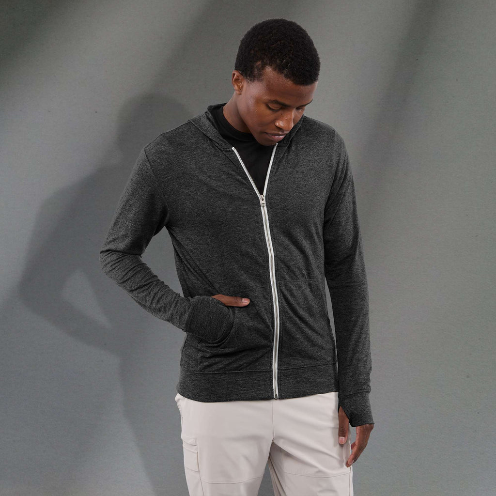 Garner Lightweight Knit Zip Hoodie with Thumb Holes for Men Transfer - Black - Front On Model