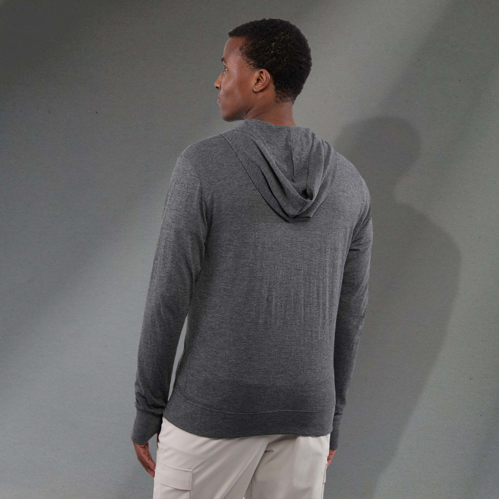 Garner Lightweight Knit Zip Hoodie with Thumb Holes for Men Transfer - Heather Dark Charcoal - Back On Model