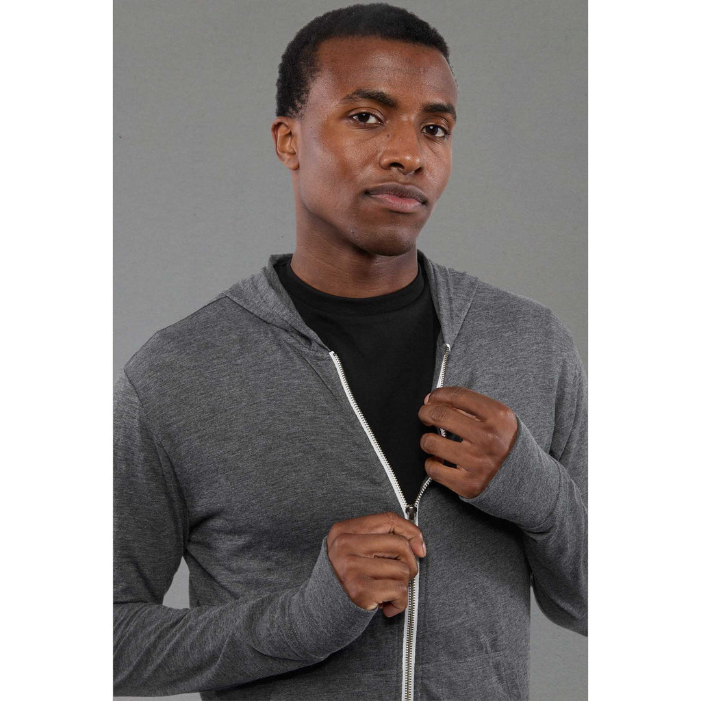 Garner Lightweight Knit Zip Hoodie with Thumb Holes for Men Transfer - Heather Dark Charcoal - Front On Model 2