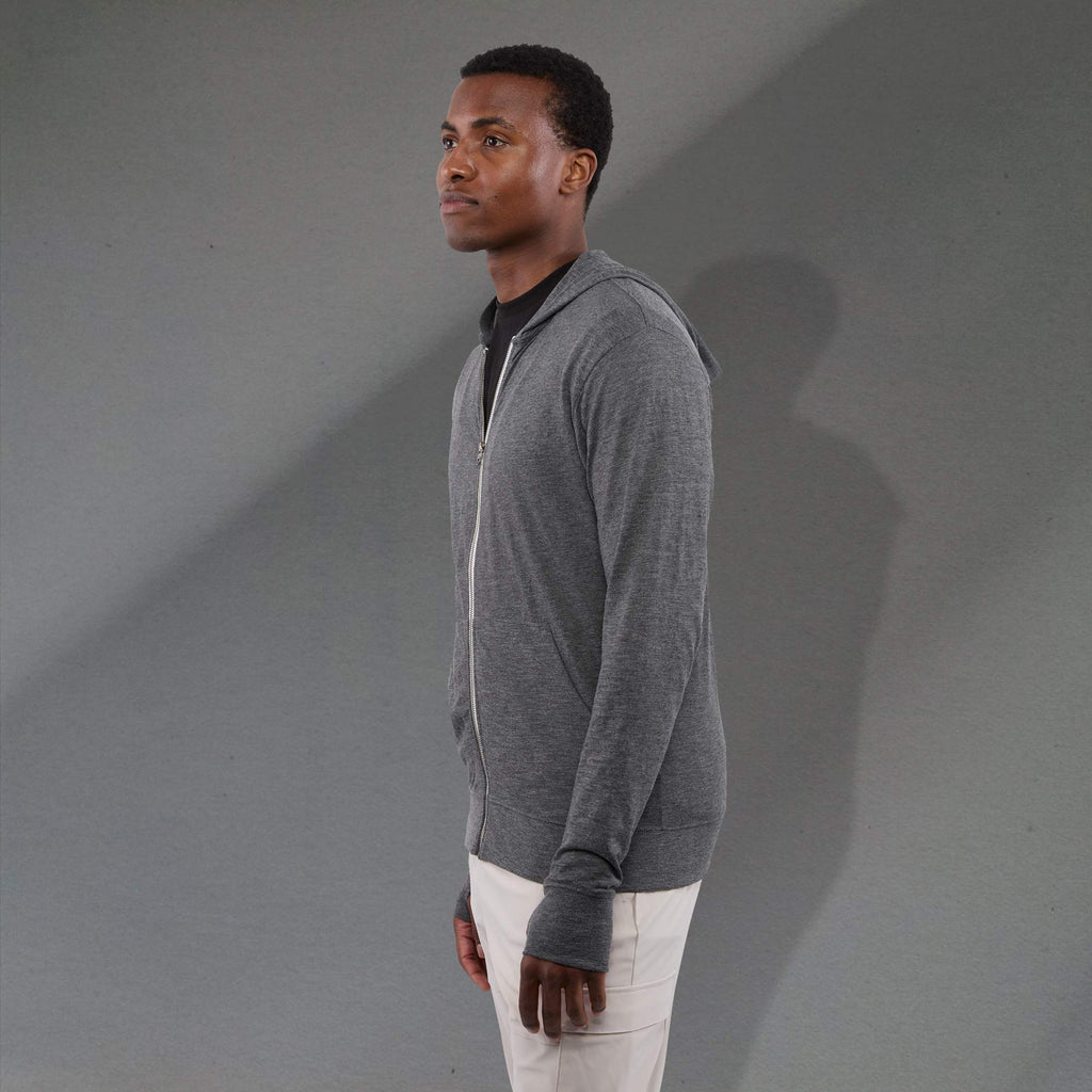 Garner Lightweight Knit Zip Hoodie with Thumb Holes for Men Transfer - Heather Dark Charcoal - Left Side On Model