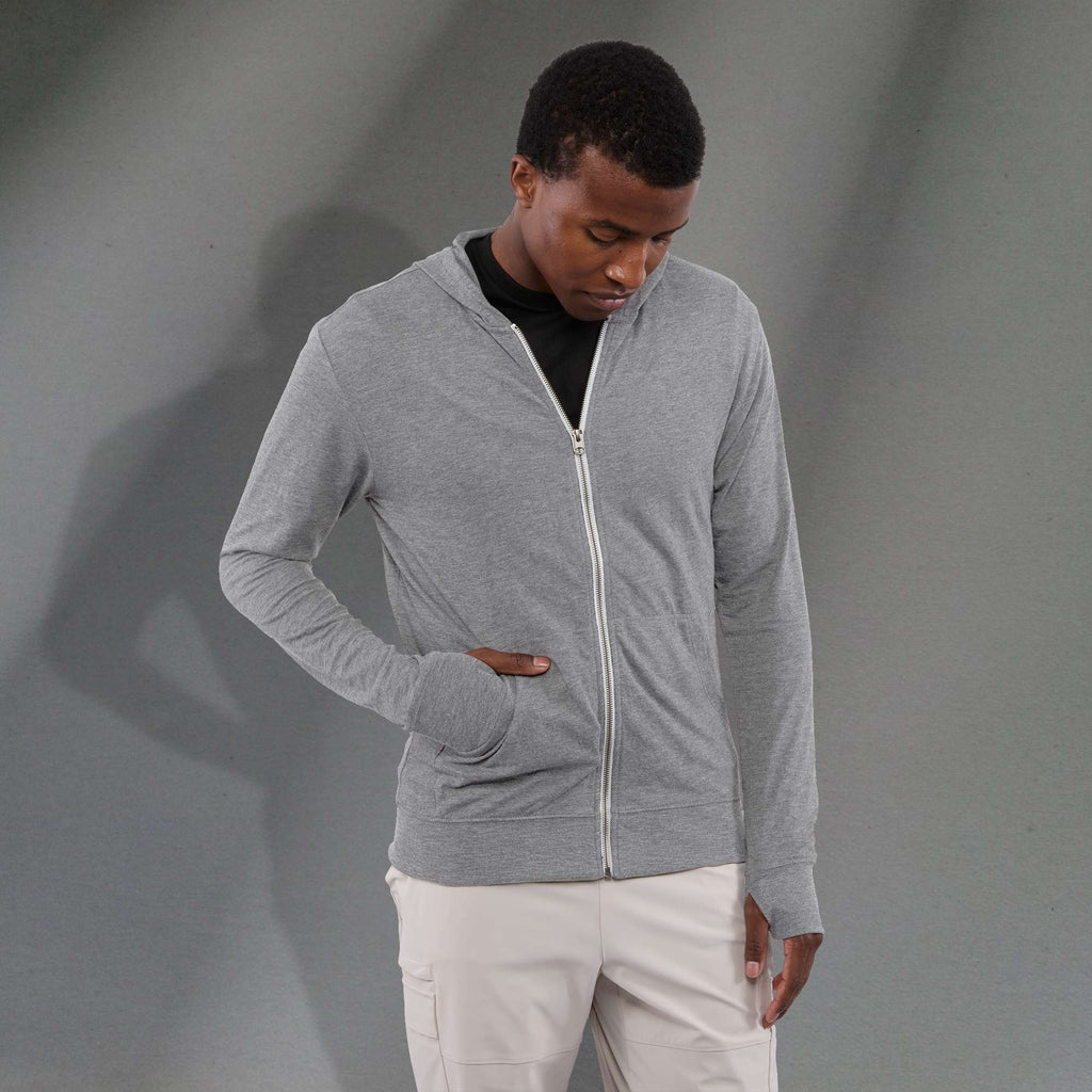 Garner Lightweight Knit Zip Hoodie with Thumb Holes for Men Transfer - Heather Grey - Front On Model