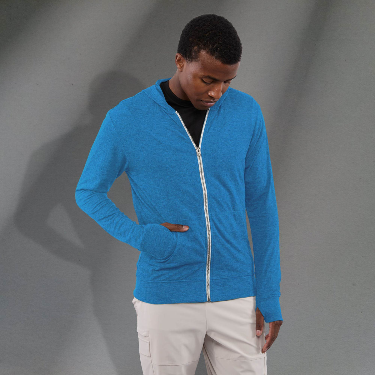 Garner Lightweight Knit Zip Hoodie with Thumb Holes for Men Transfer - Olympic Blue Heather - Front On Model