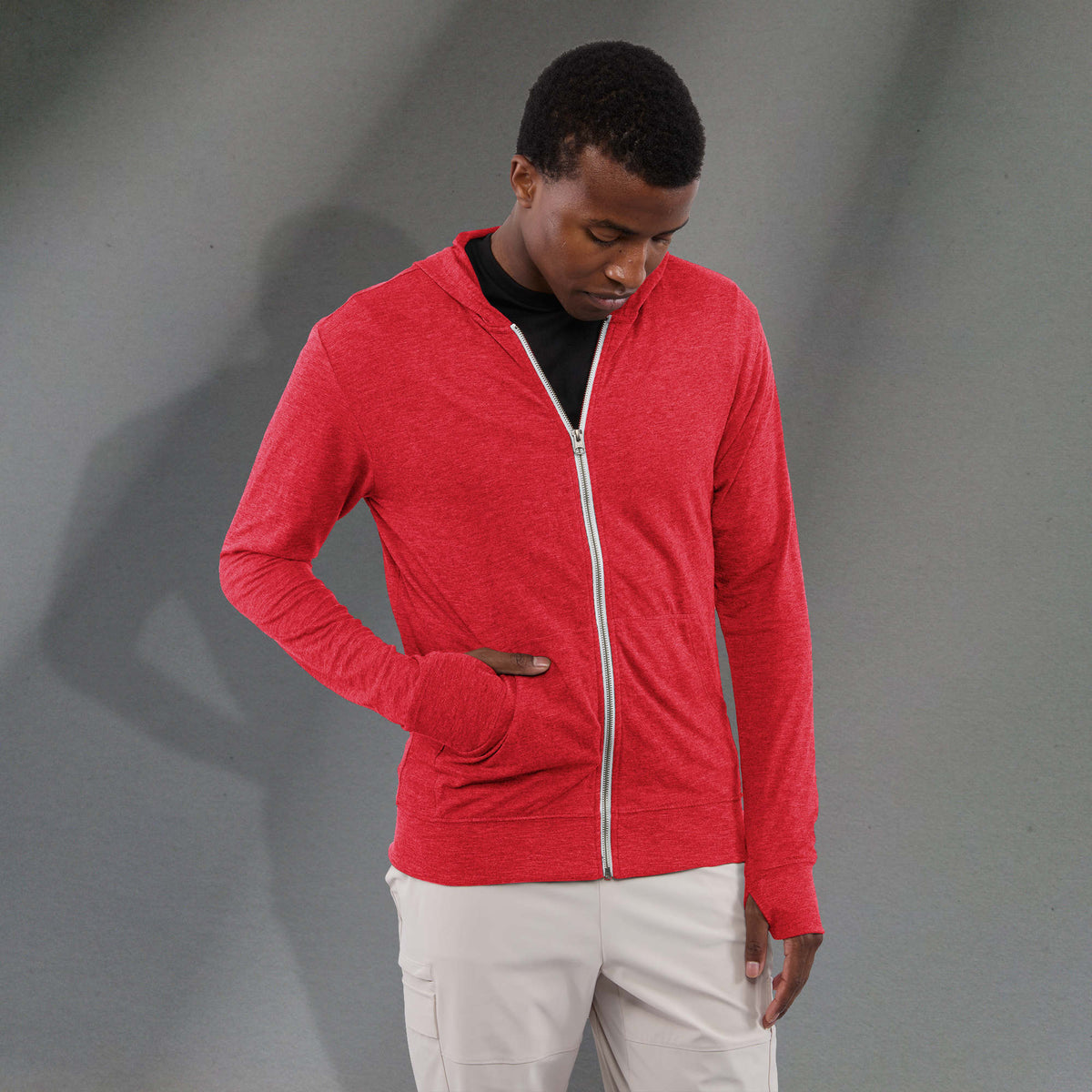 Garner Lightweight Knit Zip Hoodie with Thumb Holes for Men Transfer - Team Red Heather - Front On Model