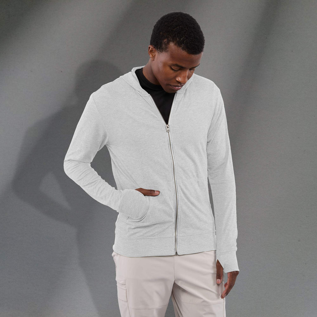Garner Lightweight Knit Zip Hoodie with Thumb Holes for Men Transfer - White - Front On Model