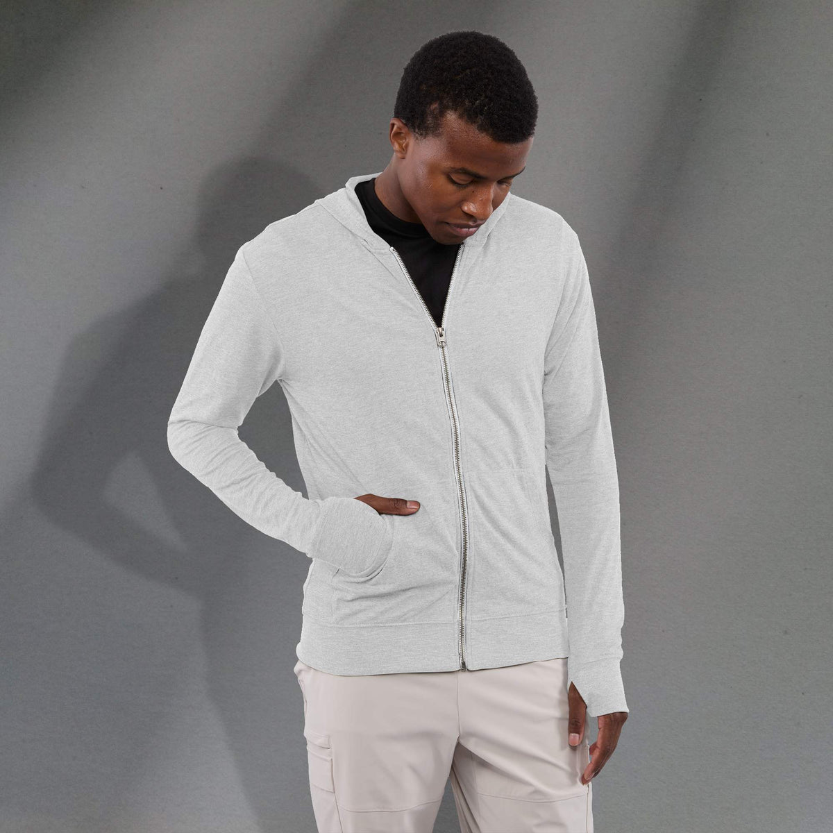 Garner Lightweight Knit Zip Hoodie with Thumb Holes for Men Transfer - White - Front On Model