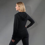 Garner Lightweight Knit Zip Hoodie with Thumb Holes for Women Transfer - Black - Back On Model