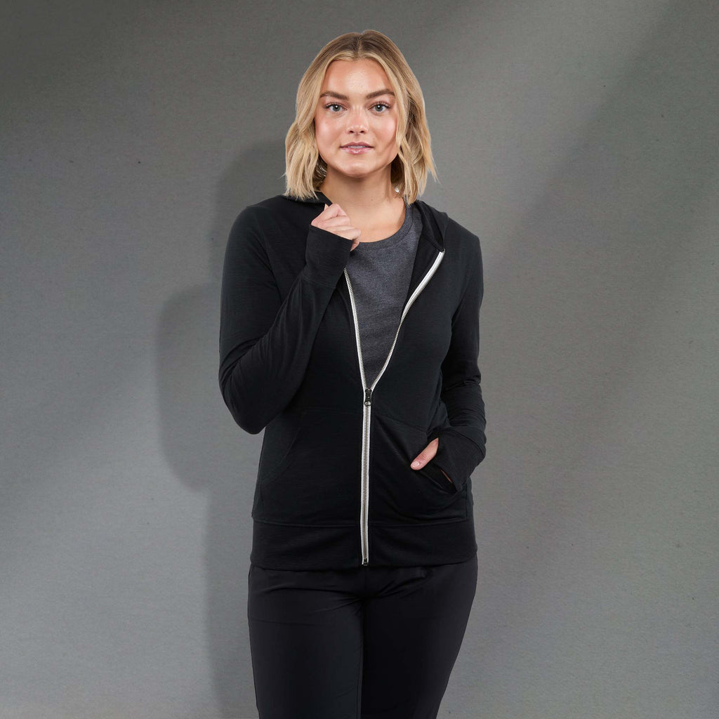 Garner Lightweight Knit Zip Hoodie with Thumb Holes for Women Transfer - Black - Front On Model