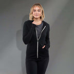 Garner Lightweight Knit Zip Hoodie with Thumb Holes for Women Transfer - Black - Front On Model