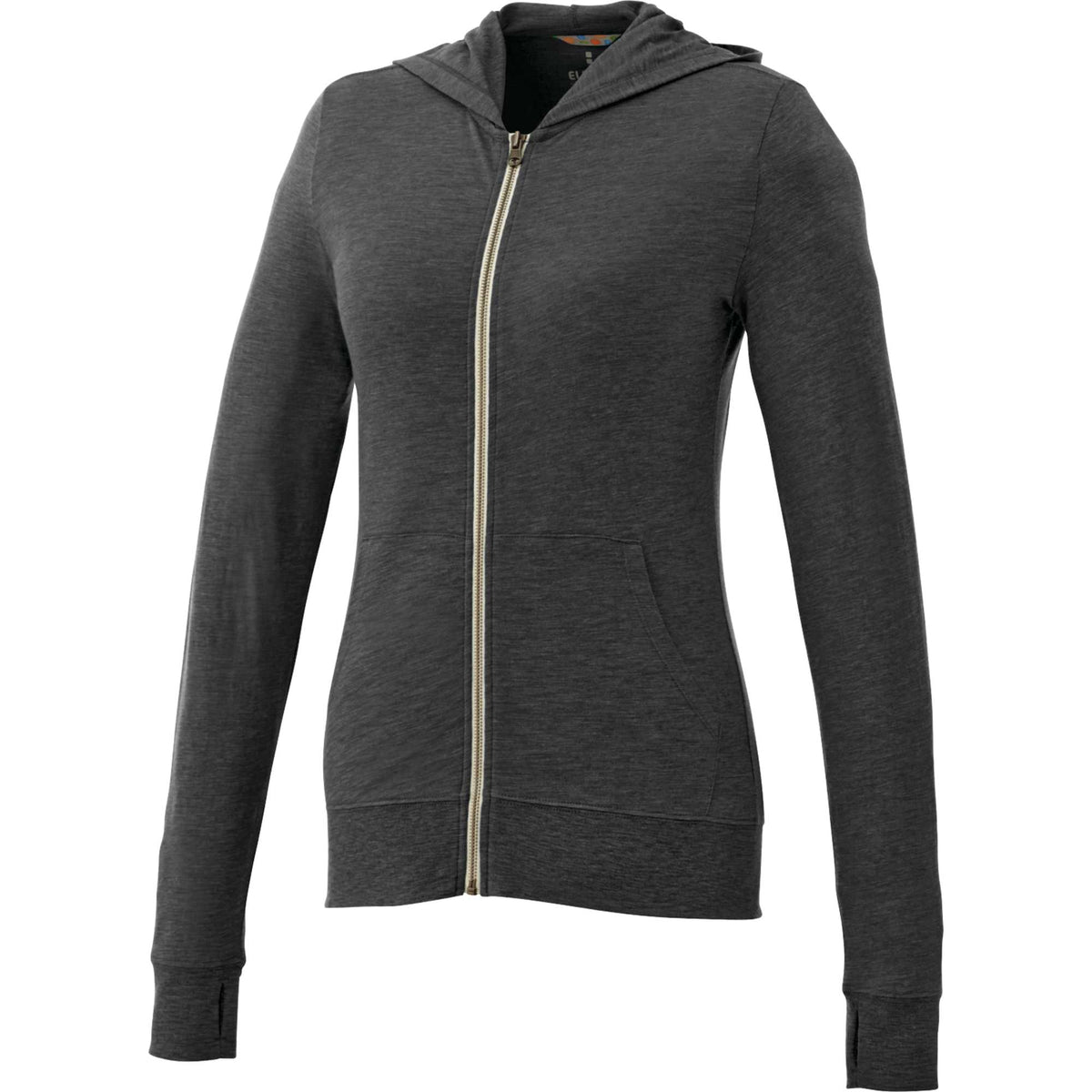 Garner Lightweight Knit Zip Hoodie with Thumb Holes for Women Transfer - Heather Dark Charcoal - Front Flat