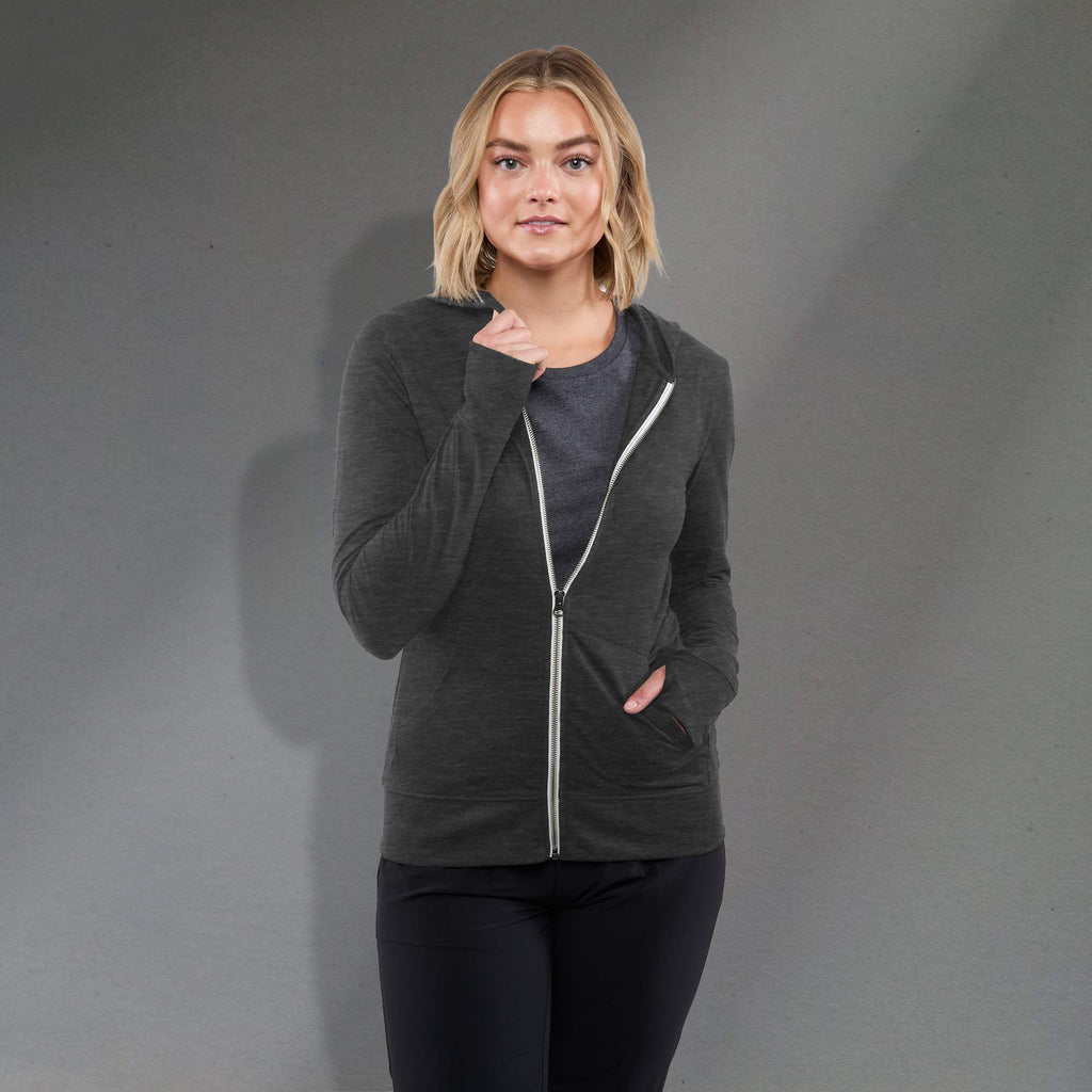 Garner Lightweight Knit Zip Hoodie with Thumb Holes for Women Transfer - Heather Dark Charcoal - Front On Model