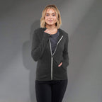 Garner Lightweight Knit Zip Hoodie with Thumb Holes for Women Transfer - Heather Dark Charcoal - Front On Model