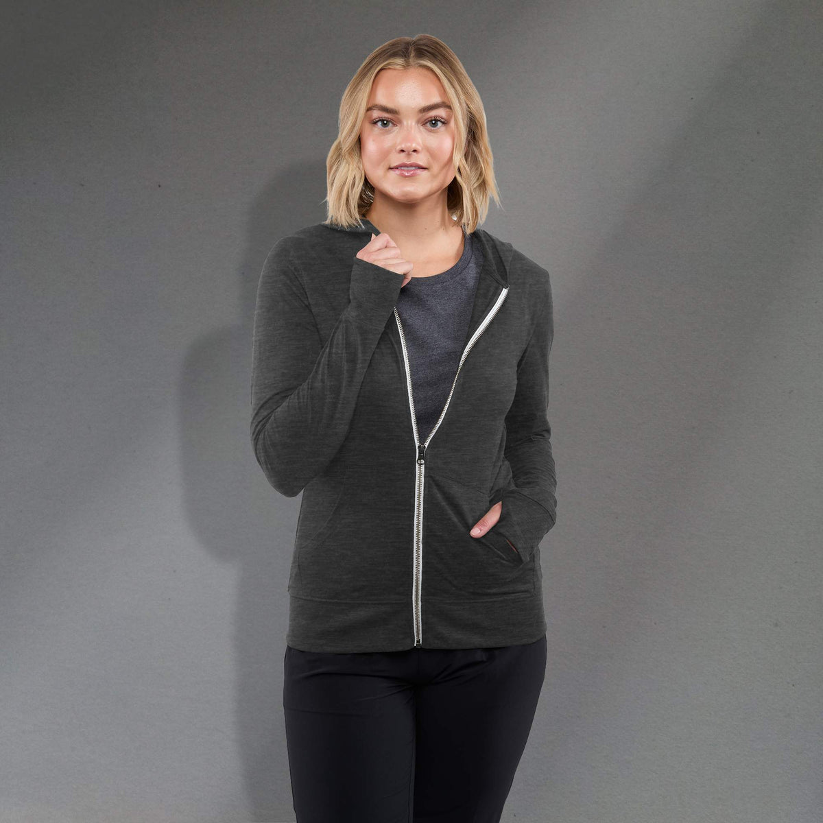 Garner Lightweight Knit Zip Hoodie with Thumb Holes for Women Transfer - Heather Dark Charcoal - Front On Model