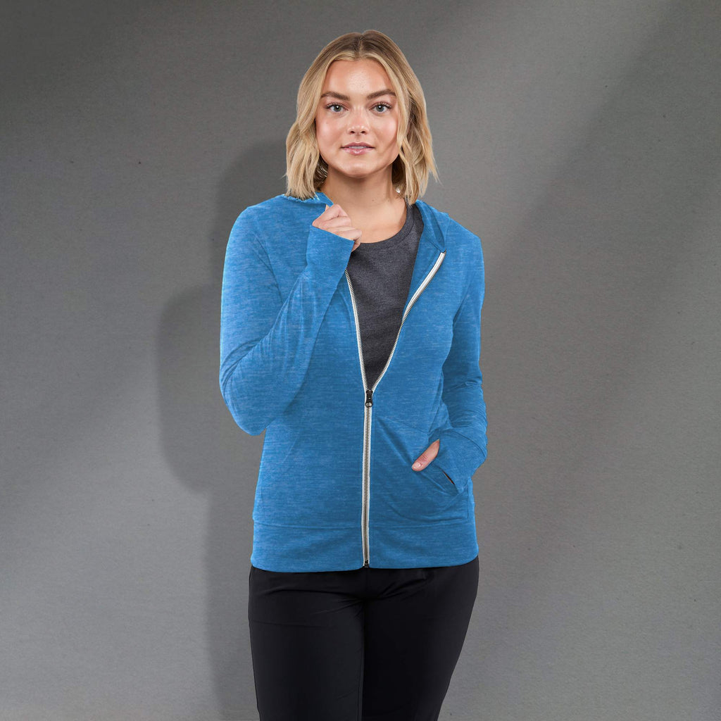Garner Lightweight Knit Zip Hoodie with Thumb Holes for Women Transfer - Olympic Blue Heather - Front On Model