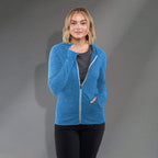 Garner Lightweight Knit Zip Hoodie with Thumb Holes for Women Transfer - Olympic Blue Heather - Front On Model