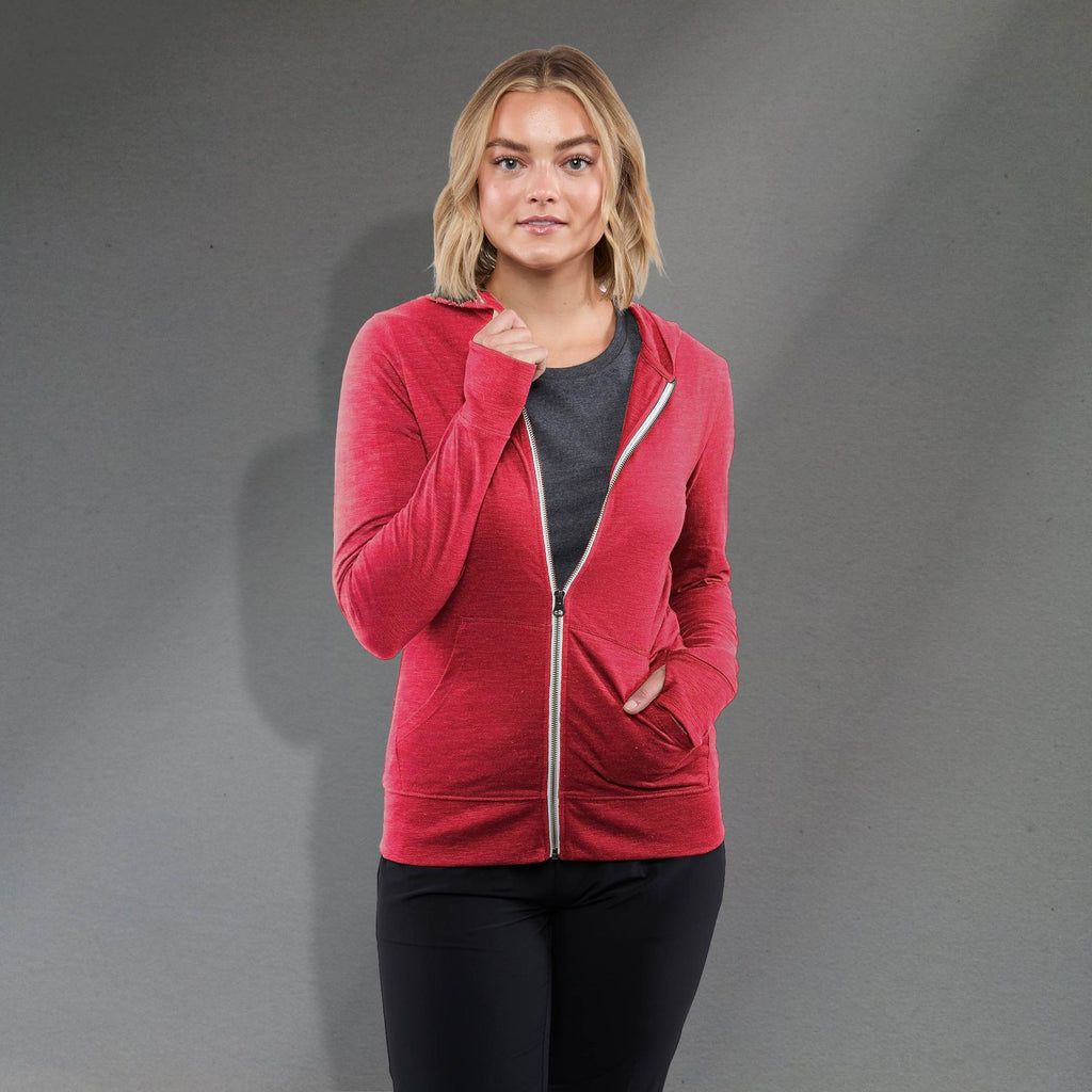 Garner Lightweight Knit Zip Hoodie with Thumb Holes for Women Transfer - Team Red Heather - Front On Model