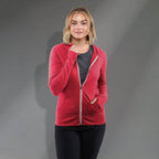 Garner Lightweight Knit Zip Hoodie with Thumb Holes for Women Transfer - Team Red Heather - Front On Model