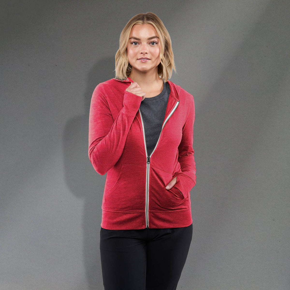 Garner Lightweight Knit Zip Hoodie with Thumb Holes for Women Transfer - Team Red Heather - Front On Model