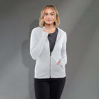 Garner Lightweight Knit Zip Hoodie with Thumb Holes for Women Transfer - White - Front On Model