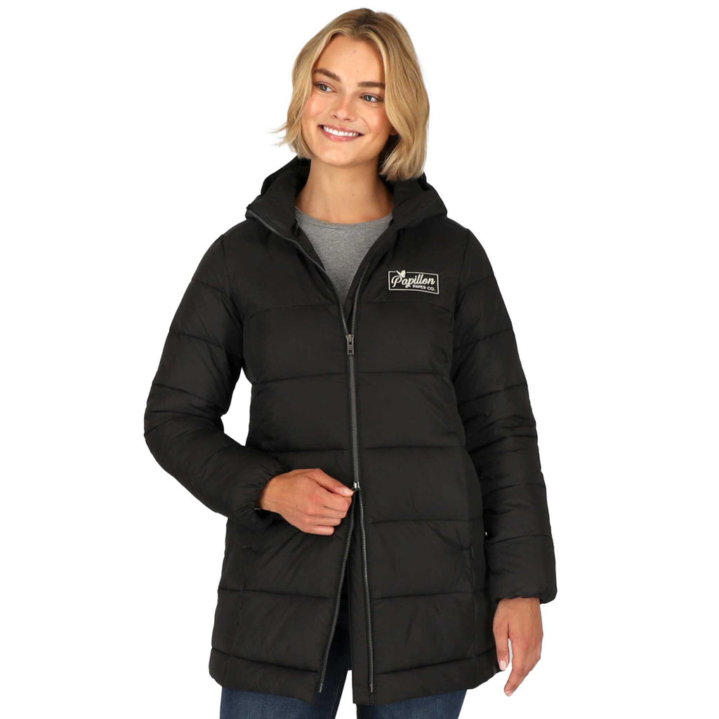 Geneva Long Recycled Packable Puffer Jacket for Women Embroidery - Black - On Model 2