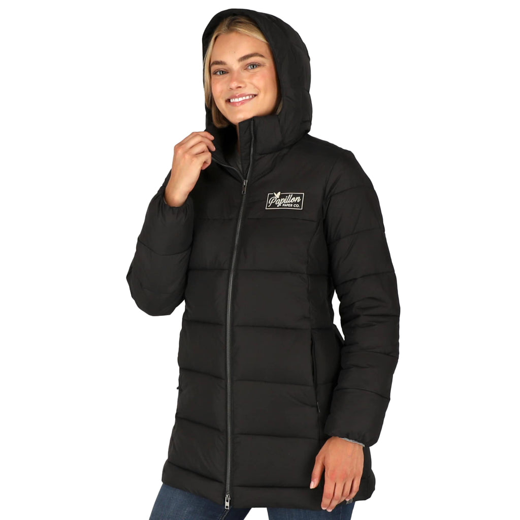 Geneva Long Recycled Packable Puffer Jacket for Women Embroidery - Black - On Model 3