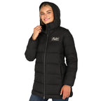 Geneva Long Recycled Packable Puffer Jacket for Women Embroidery - Black - On Model 3