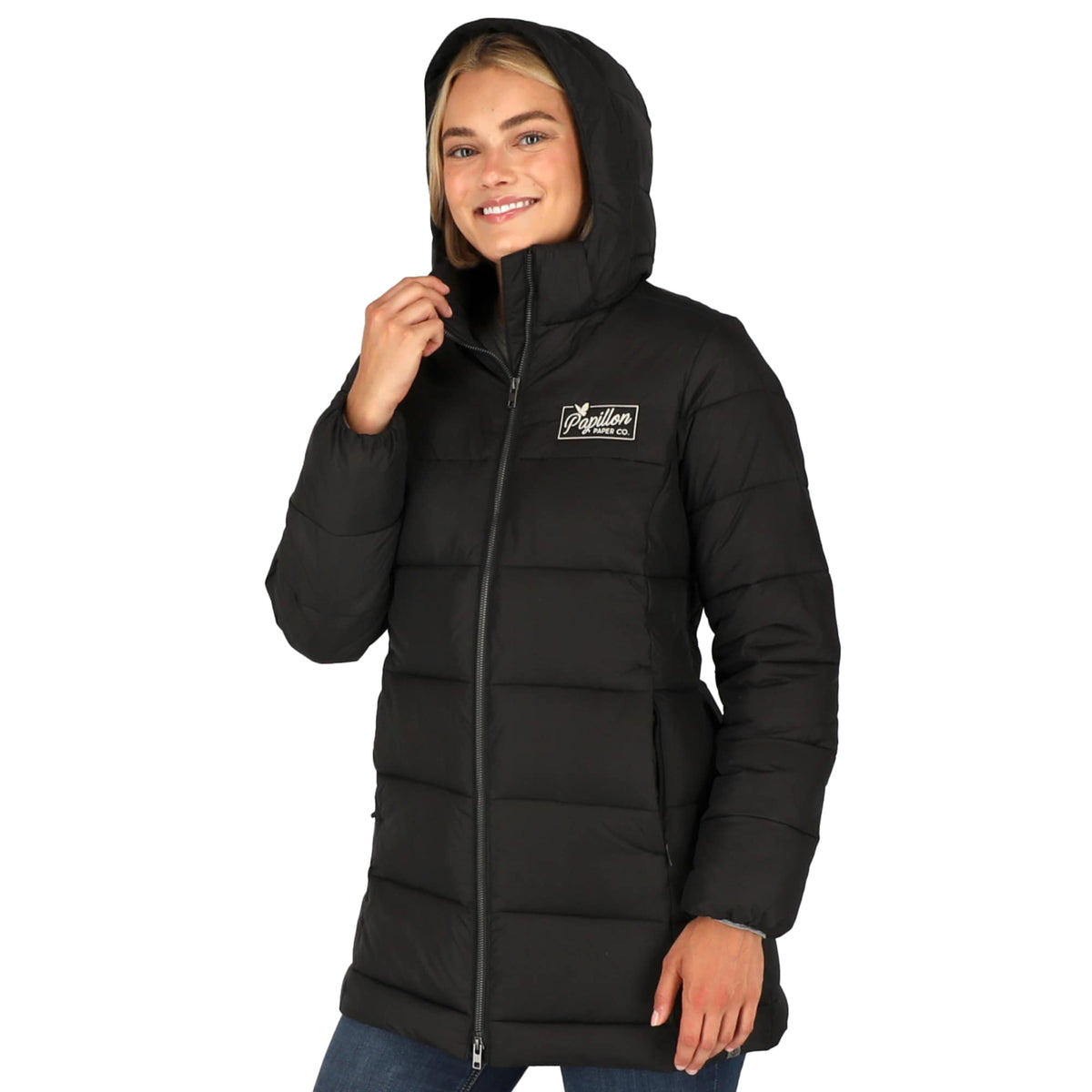 Geneva Long Recycled Packable Puffer Jacket for Women Embroidery - Black - On Model 3