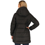 Geneva Long Recycled Packable Puffer Jacket for Women Embroidery - Black - On Model 4