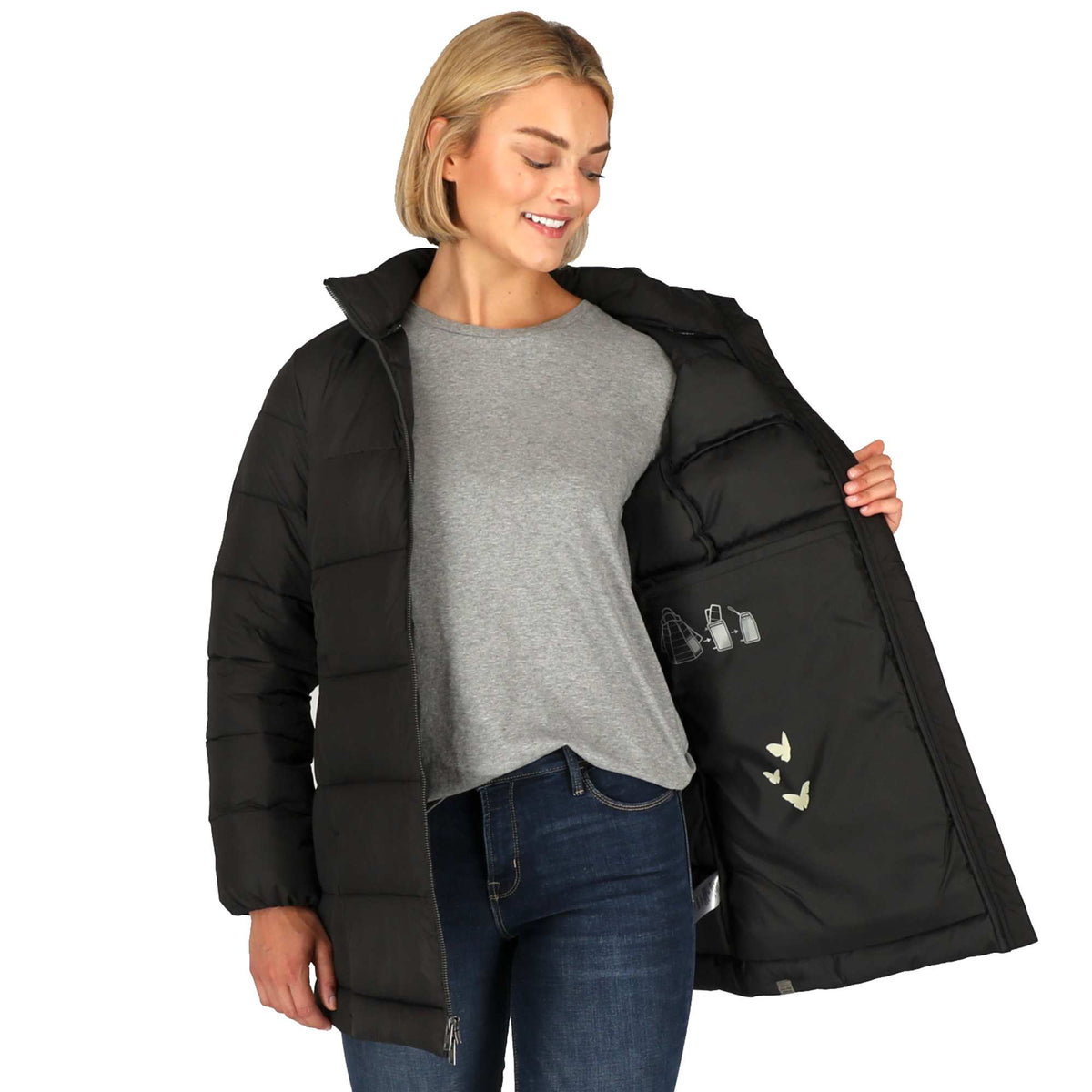 Geneva Long Recycled Packable Puffer Jacket for Women Embroidery - Black - On Model 5